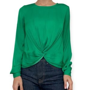 Bar III twist-front green satin long sleeve blouse